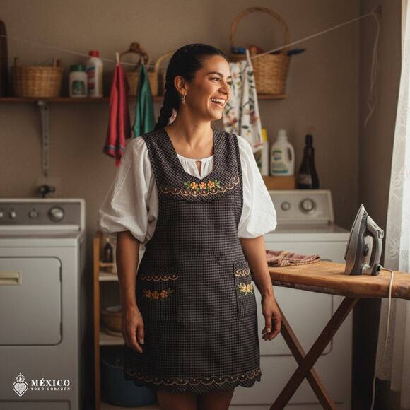 Brown Mexican Embroidered Apron – Essential Cotton Kitchen Apron Floral Design - Picture 2 of 9